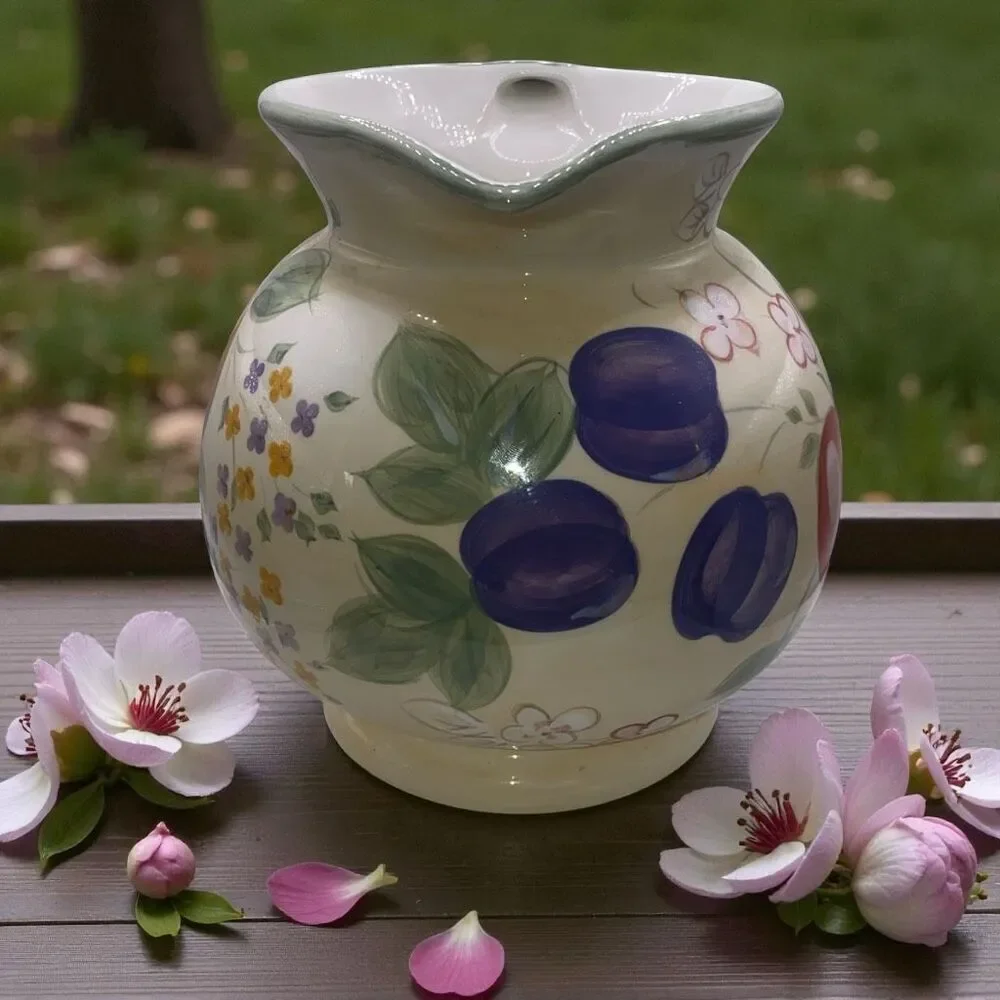 Hand Painted Fruit Floral Ceramic Pitcher Multicolor Vintage Farmhouse Style